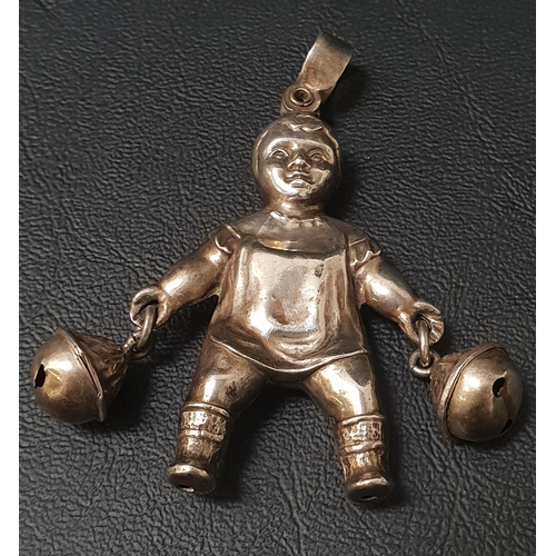 163 - GEORGE V SILVER RATTLE
in the form of a child holding a bell in each hand, Birmingham hallmarks for ... 