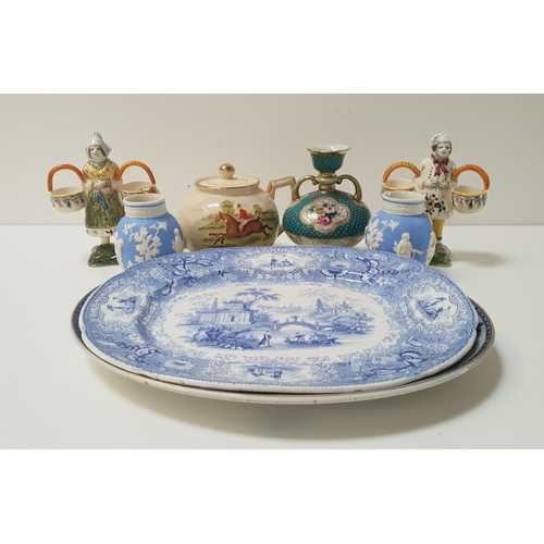 236 - MIXED LOT OF CERAMICS
including two French faience table salts depicting a man and a lady each holdi... 