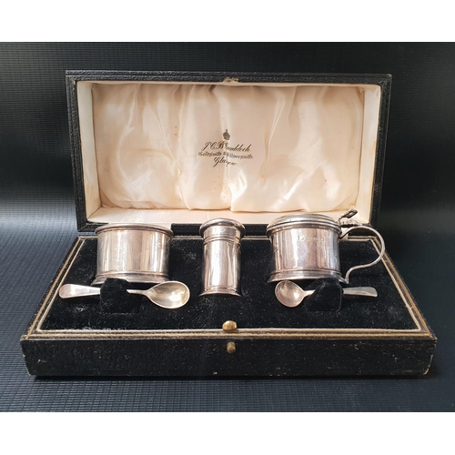 164 - GEORGE V SILVER CRUET SET
comprising a pepper pot, salt with blue glass liner, lidded mustard pot wi... 