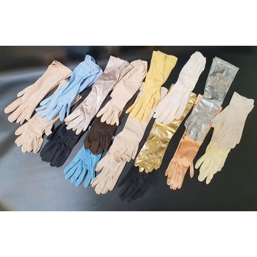 402 - EIGHTEEN PAIRS OF LADIES GLOVES
including evening and day time gloves with examples in satin, gold, ... 