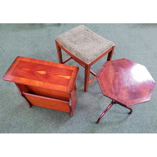 573 - YEW MAGAZINE RACK
with two divisions, 49cm high, a mahogany wine table with an hexagonal top on a tr... 