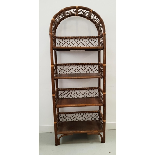 578 - BAMBOO SET OF OPEN SHELVES
with an arched woven top and sides with four shelves, 144cm high