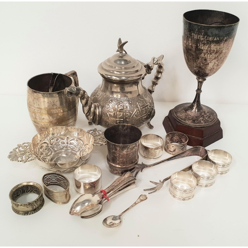 168 - SELECTION OF SILVER PLATED ITEMS
including a tankard, an embossed sommelier's cup, an Indian tea pot... 