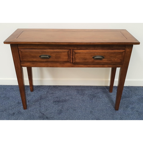 595 - TEAK SIDE TABLE
with a rectangular top above two frieze drawers, standing on tapering supports, 110.... 