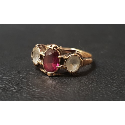 81 - 19th CENTURY GARNET AND CLEAR GEM SET THREE STONE RING
on unmarked gold shank, ring size M-N