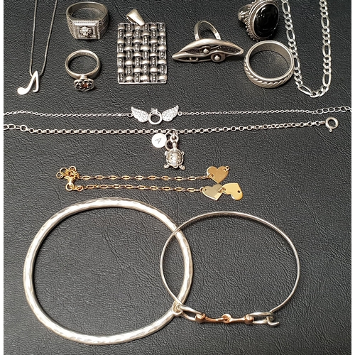 71 - SELECTION OF SILVER JEWELLERY
comprising two silver bangles, five various rings, a pendant of woven ... 