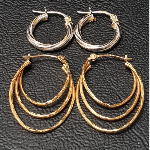 86 - TWO PAIRS OF GOLD HOOP EARRINGS
one pair in fourteen carat yellow gold with three graduated hoops, a... 