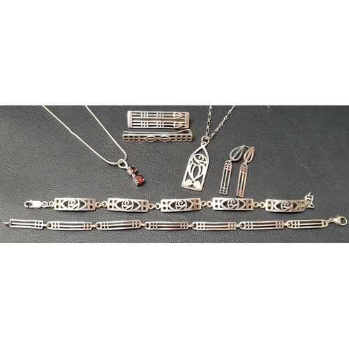 135 - SELECTION OF CHARLES RENNIE MACKINTOSH STYLE SILVER JEWELLERY
comprising two bracelets, a pair of ea... 