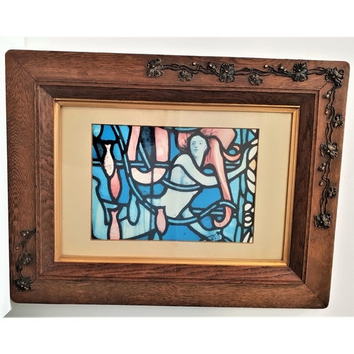 489 - SCOTTISH SCHOOL
Stained glass window section, print, 38cm x 27cm, in an ornate oak frame with applie... 