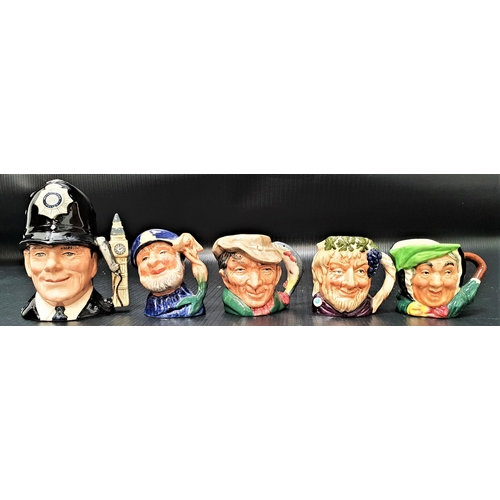 213 - FIVE ROYAL DOULTON SMALL CHARACTER JUGS
The London Bobby D6762, The Poacher D6515, Old Salt D6557, B... 