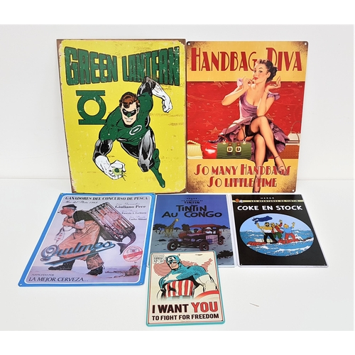 310 - SELECTION OF REPRODUCTION METAL ADVERTISING SIGNS
including Marvel Comics, Tintin, Handbag Diva, and... 