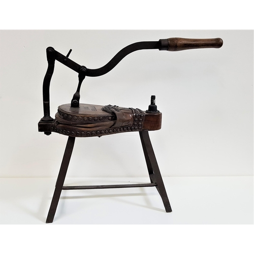 306 - ANTIQUE FRENCH VINYARD BELLOWS
marked 'Labat Bordeaux', on a cast iron stand, 60cm high