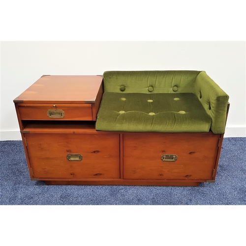 469 - CHIPPY YEW WOOD TELEPHONE TABLE
with brass corners and a button back seat and back cushion above two... 