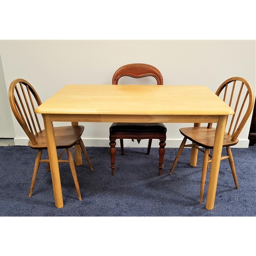 481 - BEECH KITCHEN TABLE
with a rectangular top, standing on shaped supports, 121cm x 74.5cm, together wi... 