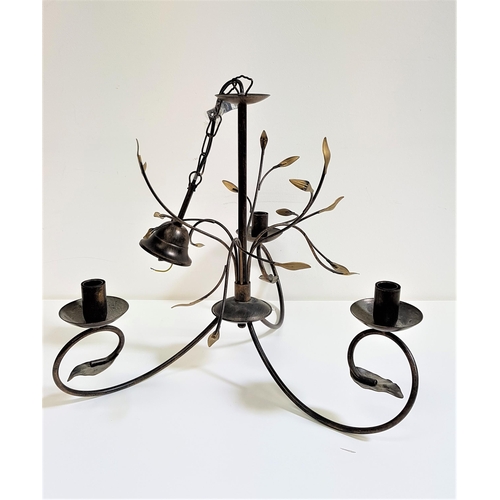 593 - METAL CEILING LIGHT
with a central metal column with six branch and leaf arms above three scroll arm... 