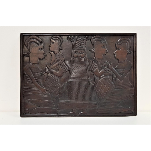 297 - 20th CENTURY CARVED BENIN PANEL
depicting Oba and attendants, stained teak, 44cm x 61cm