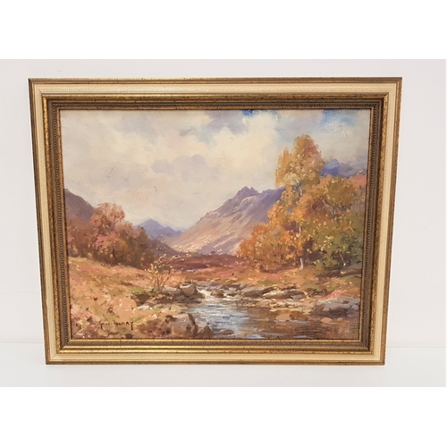 424 - T H MAKAY
Autumn in a remote glen, acrylic on canvas, signed, 34cm x 44cm