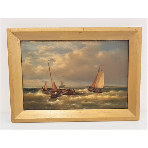 443 - A. HOLK
Fishing boats in a swell, oil on canvas, signed, 19cm x 29cm