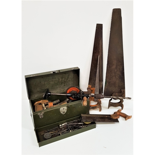 346 - SELECTION OF TOOLS
including a metal tool box, various saws, hand drill, scribe, chisels, plane, pli... 