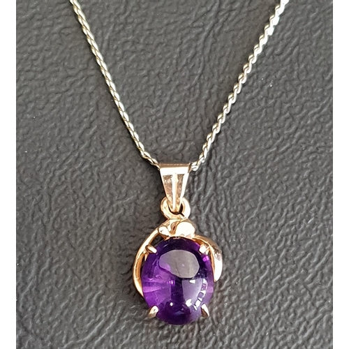 99 - AMETHYST SINGLE STONE PENDANT
the oval cabochon amethyst in fourteen carat gold, on eighteen carat g... 