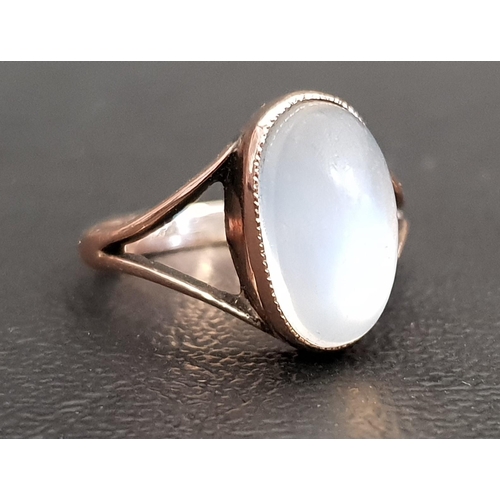 82 - MOONSTONE SINGE STONE RING
the oval cabochon moonstone on nine carat gold shank with decorative spli... 