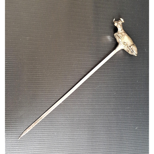 181 - SILVER PLATED MEAT SKEWER
with a recumbent cow finial