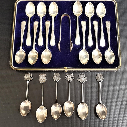 184 - GEORGE V SET OF SILVER TEA SPOONS
and sugar tongs, Sheffield 1925, together with six silver collecto... 