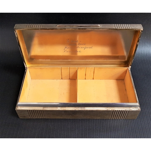 188 - GEORGE VI SILVER CIGARETTE BOX
with a ribbed body and cedar lined, the gilt lid interior inscribed, ... 