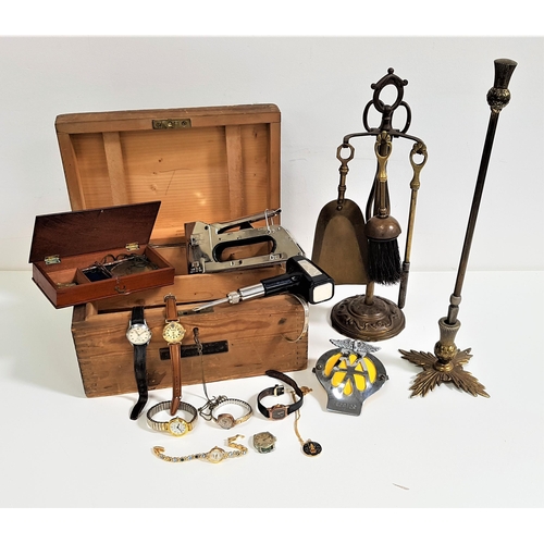 349 - MIXED LOT OF COLLECTABLES
including a small brass companion set, thistle finial fire poker, pine box... 