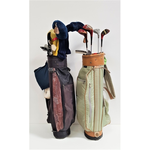 392 - TWO GOLF BAGS
with a selection of clubs including a 3, 5, 6, 7, and 8 iron, wedge, three putters and... 