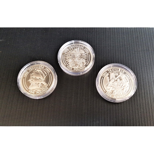 411 - THREE 'TRAFALGAR' BI-CENTENARY SILVER PROOF FIVE POUND COINS
all issued in Gibraltar in 2005, in box... 