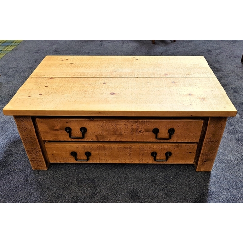 468 - RUSTIC OAK OCCASIONAL TABLE
with a plank top above two drawers, standing on plain supports, 50cm x 1... 