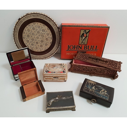 351 - SELECTION OF BOXES
including a metal box 'John Bull Motor Patches', an embossed metal cigarette box ... 