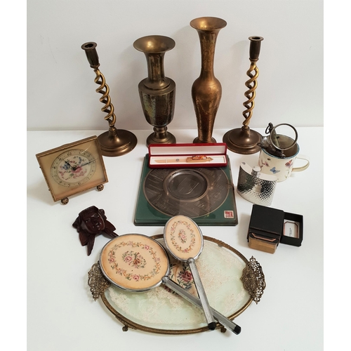 353 - MIXED LOT OF COLLECTABLES
including a pair of brass twisted candlesticks, two brass vases, dressing ... 