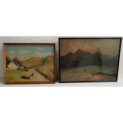 455 - B DAVIS
Mountain and Loch scene, oil on board, 40cm x 55cm; and J RUSSELL, Cottage and figures among... 