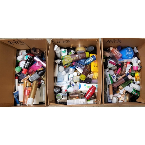 47 - THREE BOXES OF NEW AND USED TOILETRY ITEMS
including Paco Rabanne, Victor & Rolf, Aussie shampoo, Ja... 