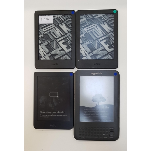 106 - THREE AMAZON KINDLE E-READERS AND A KOBO
comprising two Basic 3 10th generation, serial numbers G090... 