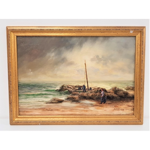 503 - JOHN C. GRAY (Scottish 1873-1958)
Fishing boats by the rocks, oil on canvas, signed, 32cm x 47.5cm
N... 