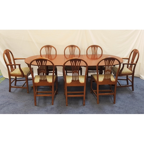 540 - REGENCY STYLE MAHOGANY D END DINING TABLE AND CHAIRS
the table with an extra leaf, standing on two t... 