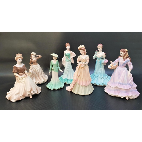 243 - SEVEN COALPORT BISQUE FIGURINES 
comprising four from the Age of Elegance Collection - Richmond Park... 