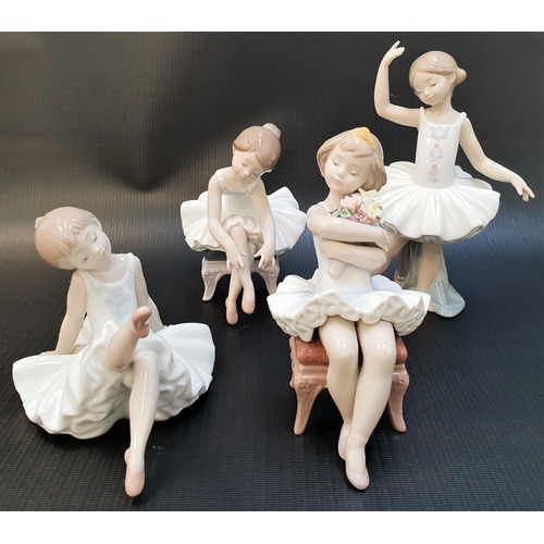 263 - FOUR LLADRO BALLERINA FIGURINES
in various repose, all warring tutus, including two seated on stools... 