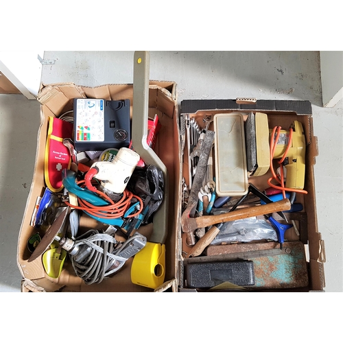 304 - TWO BOXES OF TOOLS
including a set of spanners, hammer, socket set, Black & Decker sander, adjustabl... 