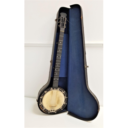 371 - BANJO
with a mahogany and ebonised body, the neck with mother of pearl inlay, in a fitted case