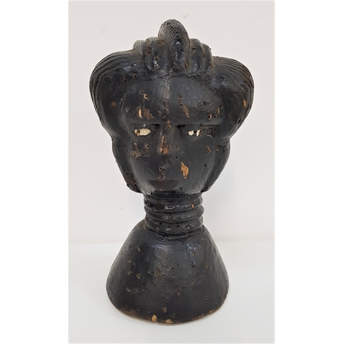 350 - EARLY 20th CENTURY CARVED AFRICAN HEAD
depicting a lady with braided hair and multiple neck rings, o... 