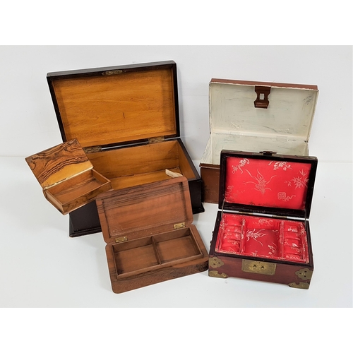 354 - SELECTION OF FIVE BOXES
including an olive wood box in the form of a book, 12.5cm wide, carved teak ... 