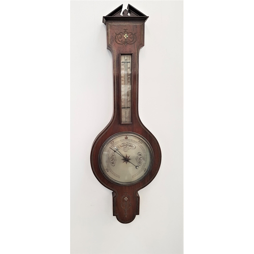 537 - VICTORIAN ROSEWOOD BAROMETER
with inlaid decoration, the broken architectual pediment above a thermo... 