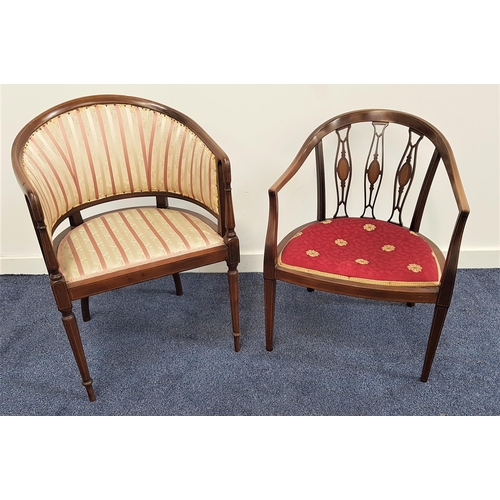 564 - EDWARDIAN MAHOGANY AND INLAID HOOP BACK BEDROOM CHAIR
with a padded back and shaped padded seat, sta... 