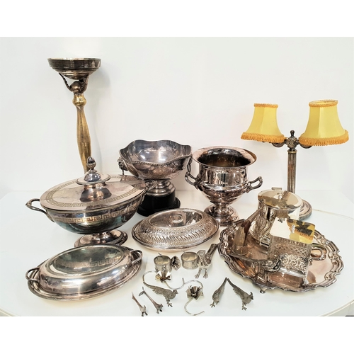 177 - LARGE SELECTION OF SILVER PLATE 
including an ice bucket on stand, large pie crust tray, two lidded ... 