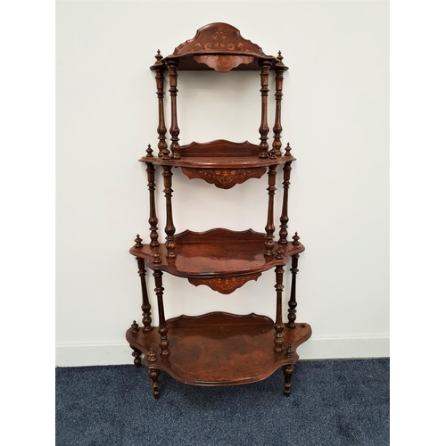 612 - VICTORIAN WALNUT WHATNOT
the four shaped and inlaid tiers with shaped raised backs and turned suppor... 