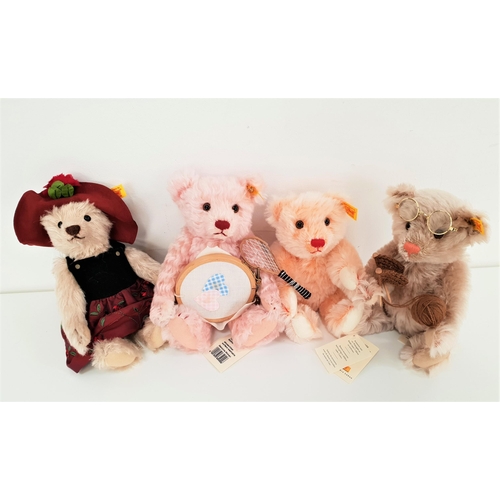 456 - FOUR STEIFF TEDDY BEARS
all in mohair and with paper tags, comprising Girl 23 holding a tennis racke... 